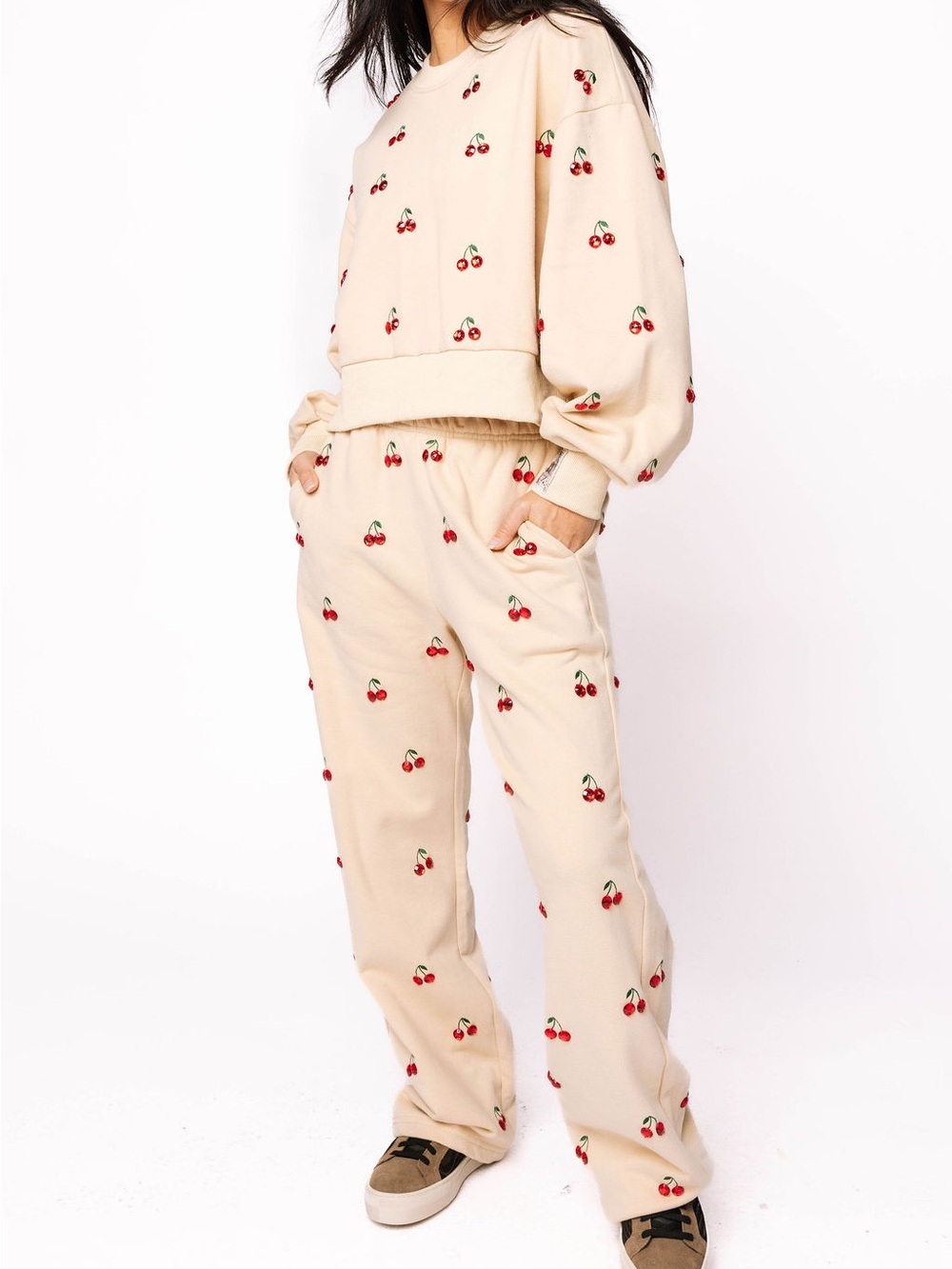 Queen of Sparkles Beige Jeweled Cherry-Print Sweatshirt & Sweatpants